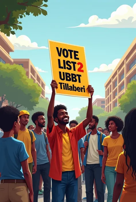 African trade union students at a university raise a poster on which it says vote List 2 UBBT Tillaberi 