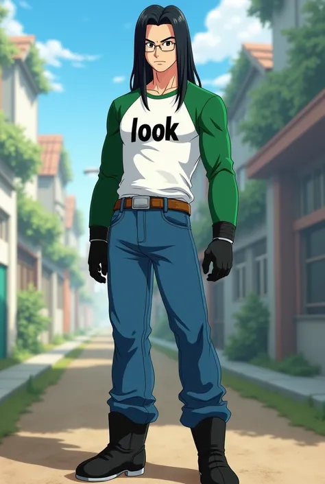  Dragon Ball Super Android 17 .  a man with black hair , shoulder length and smooth .  His clothing is a green long-sleeved t-shirt with white chest with the initials "Look " in black, black leather gloves, blue jeans and black shoes 