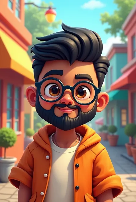 Cartoon of a young chubby dark-brown tanned boy, bearded,  dark brown eyes,  straight black hair with a gradient cut,  of acetate-grade glasses .
