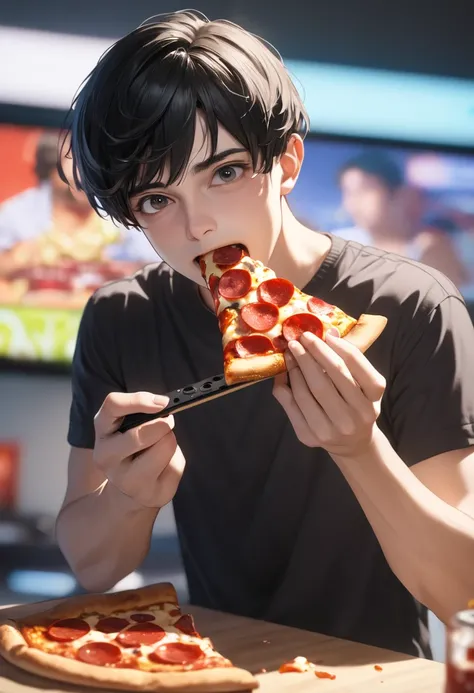 1 person　male　Black short hair　Dark Eyes　Summer clothes　Eating pepperoni pizza while playing video games　Blurred Background