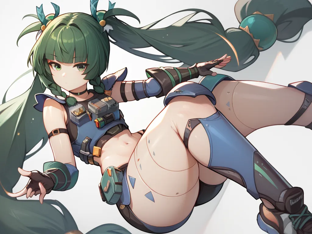 qingyi, green eyes, green hair, very long hair, twintails, blunt bangs, hair bobbles, side braids, hair ornament, robot joints, ...