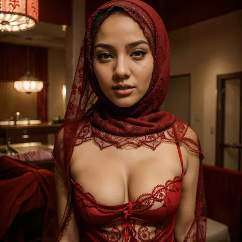 Hijab women, wearing a red lacy tong, looks like she is hungry for intimacy.