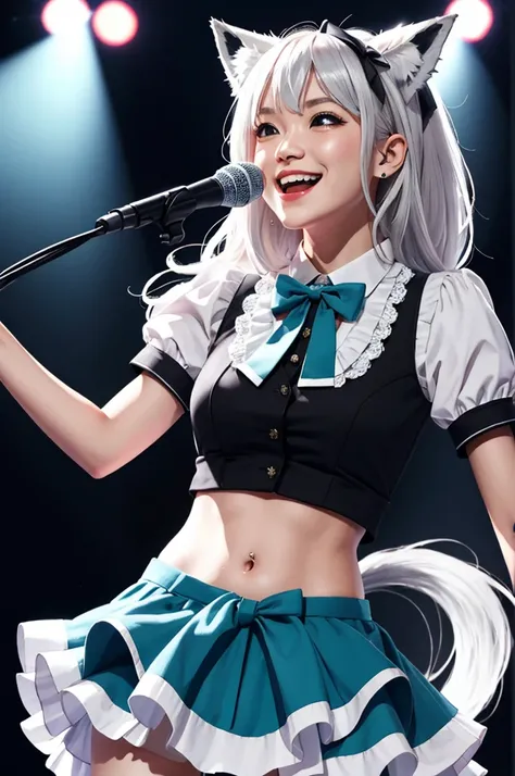   Masterpiece ,  best quality,  absurd,   Perfect Anatomy  ,  cowboy shooting, Realistic lighting, 8k,
,  Shirakami Fubuki,  1 girl, Alone,  fox ears,  fox girl,  white hair , Aqua Eye, smile,  open lips,
Idol, Idol clothes, hololive Idol uniform,  bow tie...