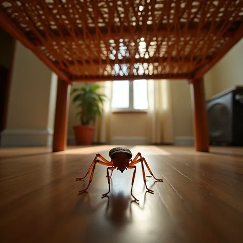 Extreme ant perspective close-up low position steep angle frontal Creepshot from below, from the perspective of a ant. The camera is directly under the table /(a wicker table, with thin spaces that let sunlight through)/, so that the viewer has the impress...