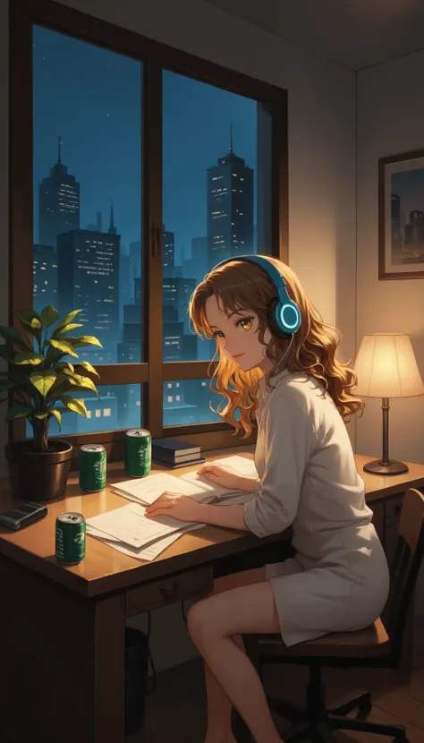 and creating a soft shadow around her , Comfortable room, The city view can be seen through a large window at night . The main focus is a woman , and the background cityscape . she has a long , brown wavy hair, The subject of the image is calm and rel...