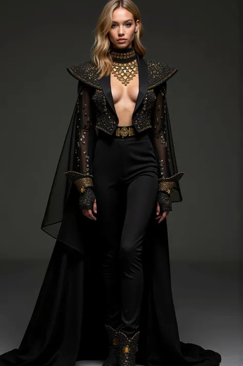 Outfit combines modern elegance and bold energy. It features a fitted black jacket with shimmering gold accents, paired with high-waisted pants or a sleek skirt for versatility. A sheer, asymmetrical cape flows from one shoulder, adding drama, while subtle...