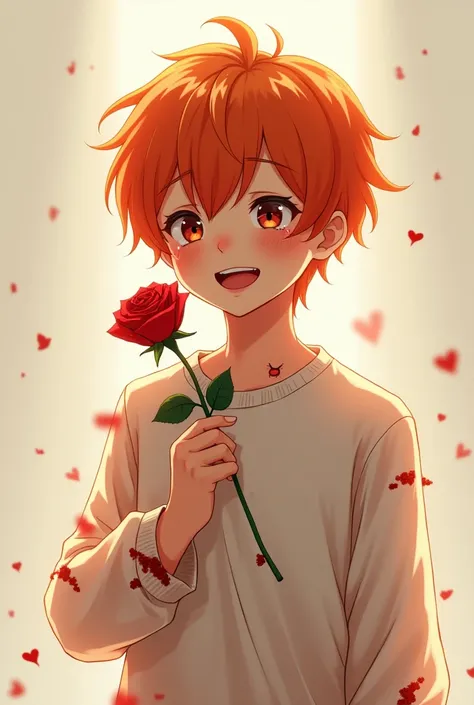 Chinese anime boy, short orange hair, his body has a vague, energy-like fade, he smiles but cries, he says I love you in English, he holds a rose in his hand, the thorns of the rose prick his hand, causing many wounds.