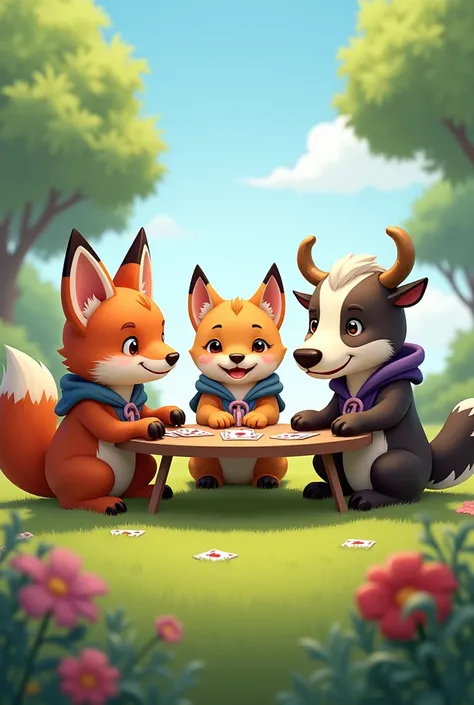 Adorable girls fox and cat and dog and cow want to play ground poker