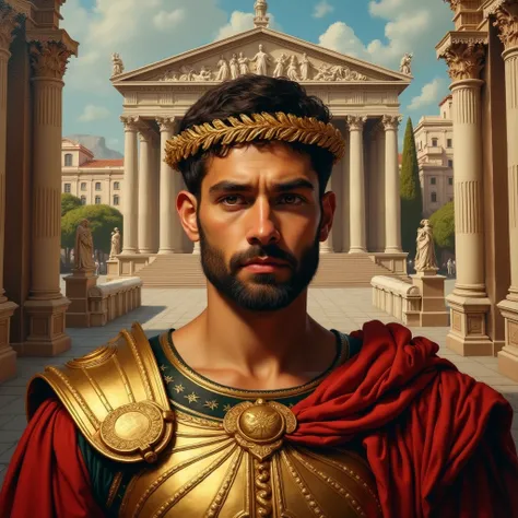 Very beautiful academic painting of a man, golden laurel wreath, golden Roman armor, centered face, detailed face, cinema effect, Roman temple image background with houses