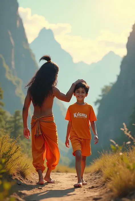 18 years old boy  walking and hanuman coming after her and hanuman’s hand putting on boy head on mountains. Both are smiling. Boy is wearing saffron t-shirt and name “Krishna ” write on it with bold. he looks very realistic, cute, tilak Deccan on your head...