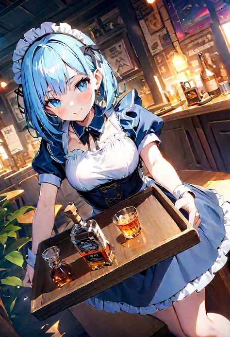 (wallpaper 8k CG), (masterpiece:1.4), (best quality), anime style, drawn, (maid), ((blue maid costume)), (((pale blue hair))), (blue eyes)(smile), (whisky, on a tray)), ((food, on the table)), ((Inside a Western restaurant)), (insanely detailed), (gold lig...