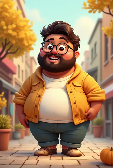 Cartoon of a chubby dark brown young man, bearded, short neck,  black eyes , smooth dark brown hair with low gradient cut,  of acetate-grade glasses .
