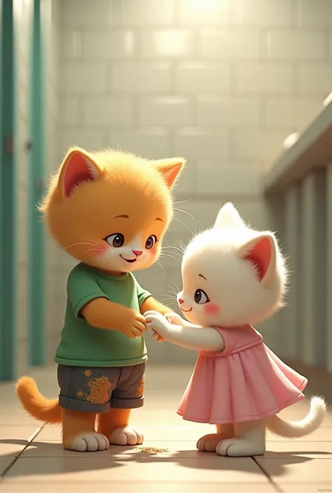 A golden kitten is wearing a green t-shirt and shorts and the shorts are stained and a white kitten is wearing a pink dress A white kitten is cleaning stains from the shorts of a golden cat in a school restroom