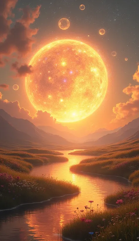 A radiant, awe-inspiring world bathed in golden light, "Harmonia" is a celestial embodiment of gratitude, radiating warmth and harmony across the cosmos. This planet glows softly, as if it is alive with appreciation, reflecting the interconnectedness of li...