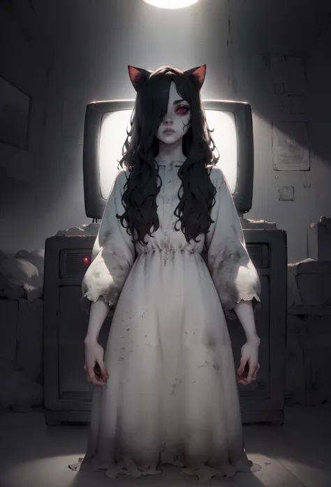 Teonrioxl, long black hair , cat ears, red eyes, pale skin, hair over one eye ,
 dirty white dress with sleeves , 
 Dark Room, soft lighting,television,
junkotvvxl