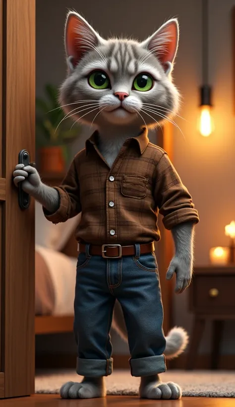  A stylish anthropomorphic cat with a hairy gray face , green eyes,  standing in a modern bedroom holding a doorknob with one hand.  The cat is dressed in a brown plaid shirt with rolled up sleeves , blue jeans, and a brown belt .  The background features ...