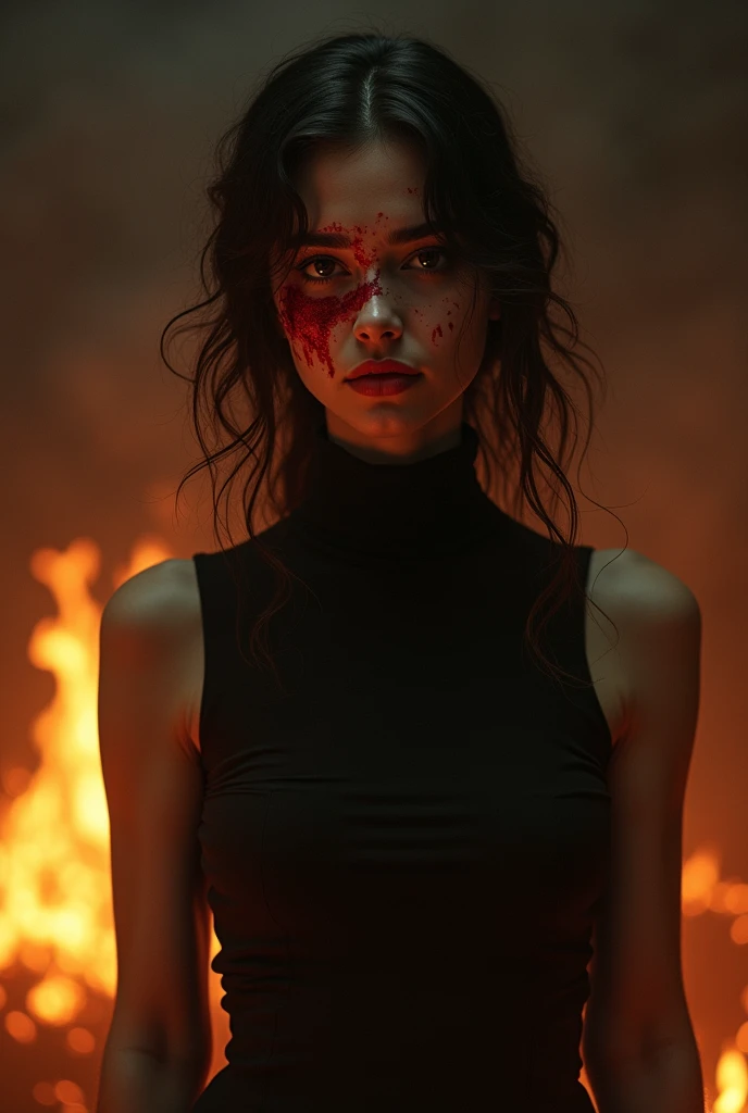 A young woman in her twenties stands surrounded by flames, half of her face scarred by burns, wearing a black dress with a high collar.

