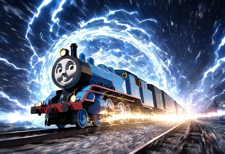 Thomas the locomotive that transcends space and time  ,  runs on rails of light(( motion blur :2.0 , Blue Lightning Effects :1.5 ,  blue particle light filter effect:1.5 , backgroundぼかし)) , background:A warped world of space-time  , 