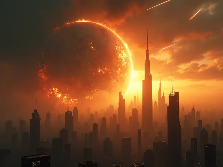 Vast, futuristic cityscape under a dramatic, apocalyptic sky.  A shattered planet, engulfed in fiery explosions, dominates the mid-ground, hurtling towards a city of towering skyscrapers.  Meteor trails streak across the golden-orange sunrise, illuminating...