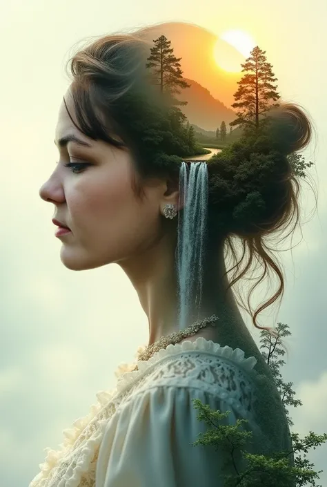 bo-exposure, double exposure, portrait of young woman, aristocratic profile, fine facial features, elegance, forest, mountains, waterfall in her hair, sunset, sunset light, realistic photo with double exposure, highest quality, 1024k