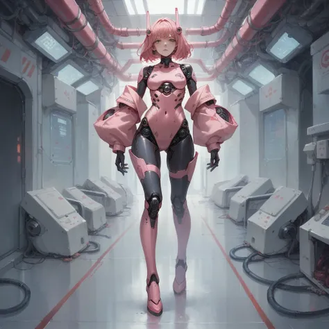 A Japanese woman. Pink hair with bangs.  Inorganic laboratory. Full body restraints. Many cables are connected to his body. Robot body.