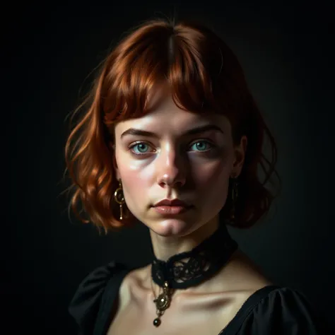 Photorealistic portrait of a young woman with a delicate, angular face featuring soft freckles across her nose and cheeks. She has a short, choppy light chestnut brown bob haircut with uneven bangs that frame her expressive, slightly downturned blue eyes. ...