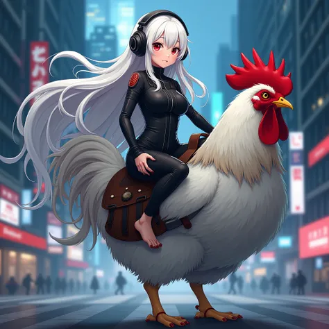  Beautiful anime woman, long beautiful white hair, detailed red eyes,Large breasts, wearing futuristic headphones, red nail polish on her hand and toe nails, beatiful detailed feets, wearing a futuristic cyber punk outfit, riding a chicken  with saddle and...