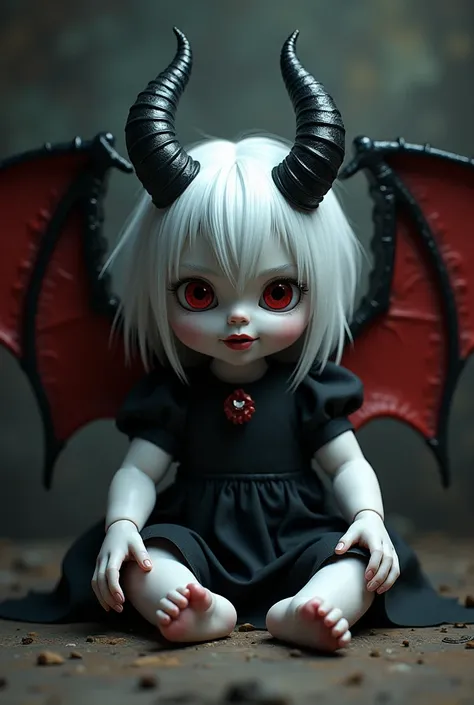 a sitting doll with white hair and red eyes, black horns on his head, black and red evil bat wings