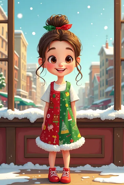 Animation cartoon  Girl skin white smile long Hair tied up  colour  purple  wear t-shirt colour white  and  outfit red  - green  pattern  patchwork  Christmas  stand in City Town   , backdrop wall  windows  panorama ,  animation cartoon style .  