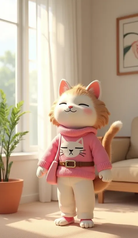  An anthropomorphic cat with a cheerful white face ,  has light brown wavy hair .  This cat is wearing a pink sweater with a picture of a cats face on the front,  combined with white pants , brown belts ,  and carrying a pink handbag on the shoulder .  He ...