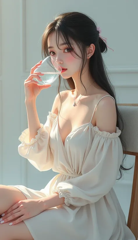 Professional photography, Masterpiece, 8K, there is a woman sitting on a chair drinking water, a photorealistic painting by Yuumei, pixiv, digital art, artwork in the style of guweiz, guweiz, beautiful anime girl squatting, a beautiful artwork illustration...