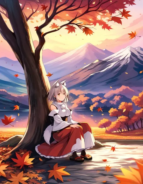 score_9, score_8_up, score_7_up,masterpiece,best quality ,ultra detailed,source_anime ,Anime style, ((inubashiri_momiji)), touhou project , 1girl, red_eyes, white_hair,(on top of a big tree), (gazing at the sunset in the distance, beautiful sunset),in the ...