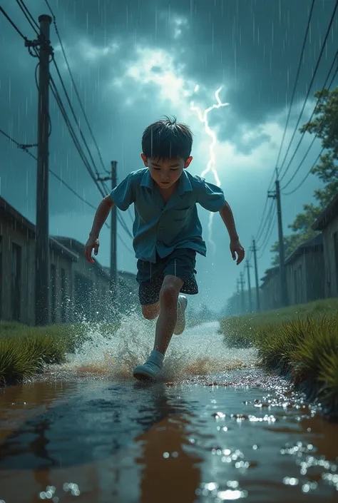 In thunder and lightning weather，Electrocution under a high-voltage power pole，A schoolboy runs on a muddy flood water，raining. 