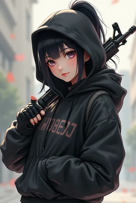 The female character with a black hood, a 2D black ponytail, and a hime-cut hairstyle has slightly playful eyes and a smile.  Shes carrying an M4 rifle on her shoulder  . Great hip-hop dancer 