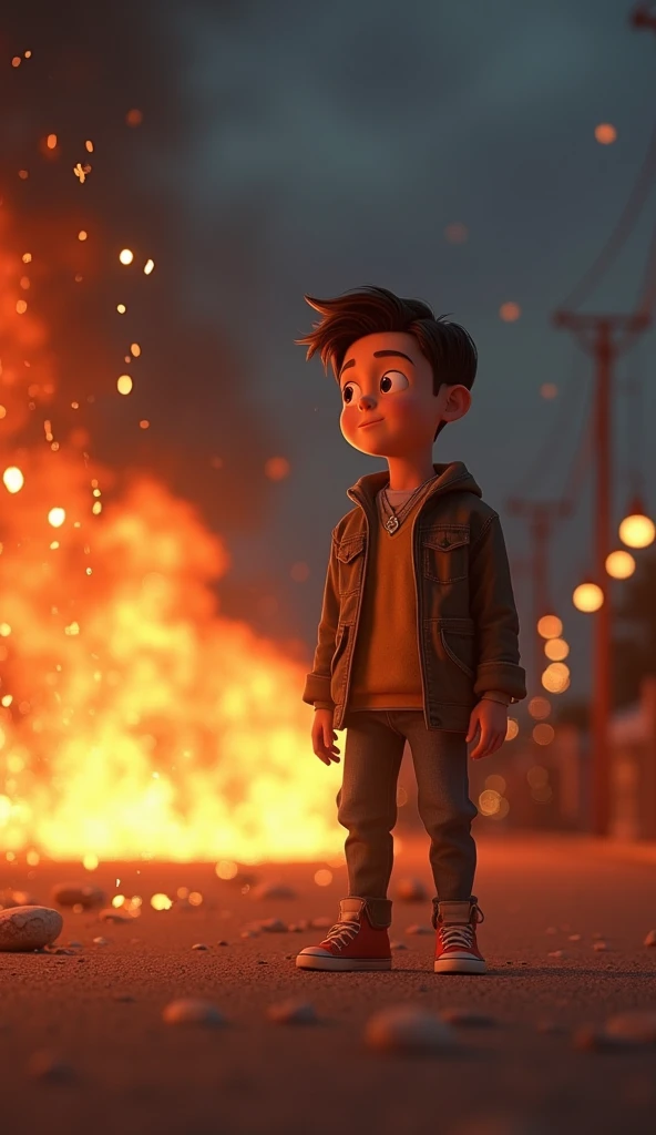 A boy on the road sets fire to a spark.
pixar style 