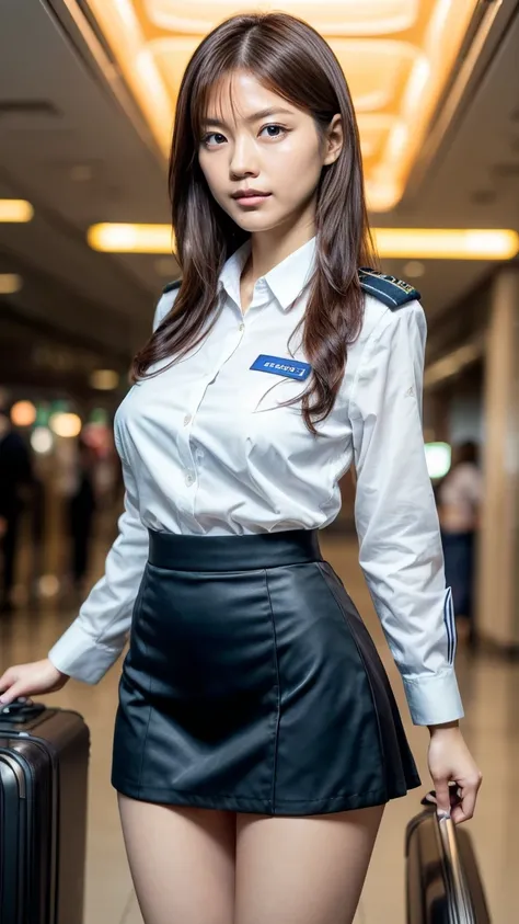 A beautiful, 24-year-old Japanese woman with perfect anatomy, healthy thighs, beautiful legs, beautiful skin, random hair color and style, large breasts, (wearing a flight attendant uniform with a mini-skirt:1.3), full body shot, pumps, carrying a suitcase...