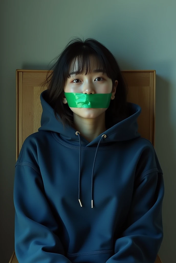 (korean woman in a navy blue hoodie laying on a chair with a green tape over her mouth), in navy blue hoodie, seifuku, (sfw) safe for work, bangs, japanese girl, ((arms behind back)), ((gagged, chair tied, hands tied by tape)), super realistic, photorealis...