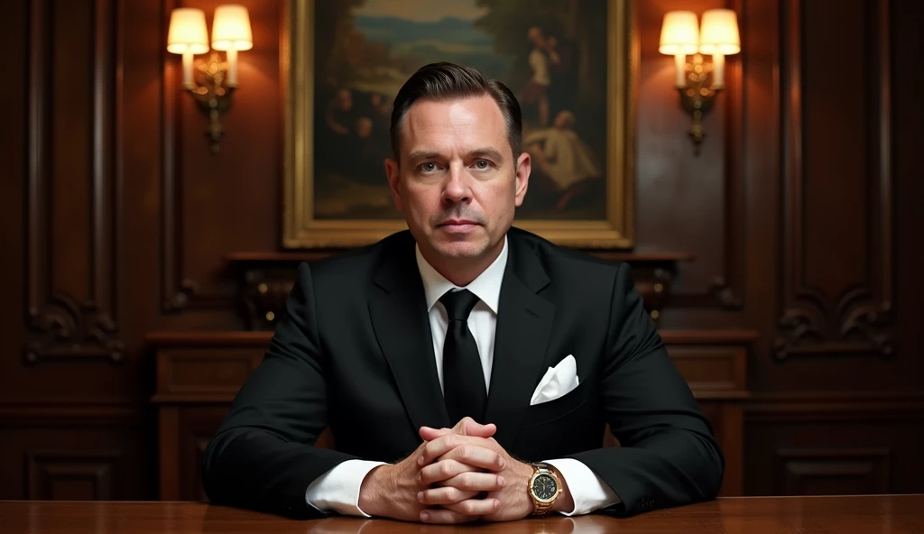 
The image depicts a man sitting in a room decorated in a classic style. He is dressed in an elegant black suit, a white dress shirt, a black tie, and has a white pocket square. A gold watch on his left wrist adds a touch of sophistication.

The man has hi...