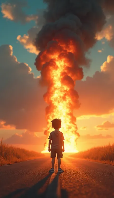 A boy on the road sets fire to a skyshort.
pixar style 