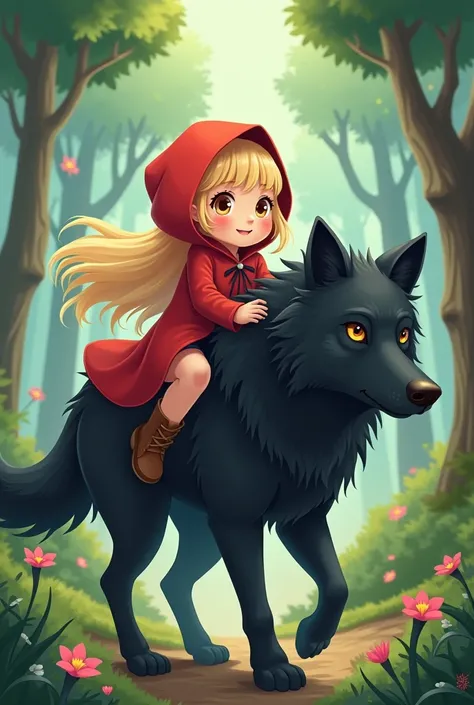 Chaperon rouge petite fille cheveux blond kawai chevauchant un gros loup noir