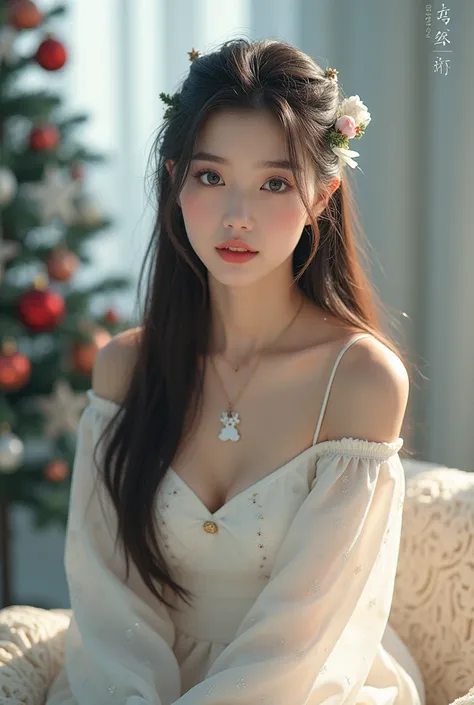 photorealism: 1.2), beautiful woman, Korean girl woman, sitting in the living room, snowy atmosphere snow, beautiful thick eyebrows, small sharp nose, sweet pink lips, wearing a Christmas dress simpel white with a snow design,wearing a Christmas decoration...