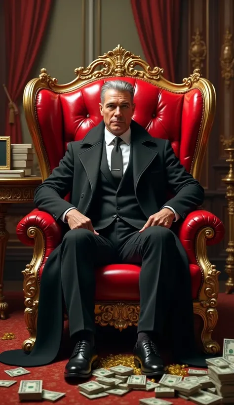 A rich man sitting on a red chair like a king in a room, he wear a black cort, lots of, lots of money are there near to man and chair and on the fursh 