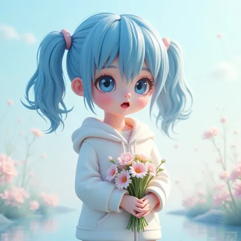  girl　 blue hair 　Young　 twin tails　 pure white hoodie　Holding a bouquet　Watery eyes　cute little 　3d