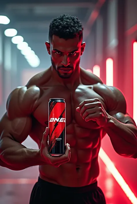 athelete holding a black and red pacakged energy drnk named as rafale