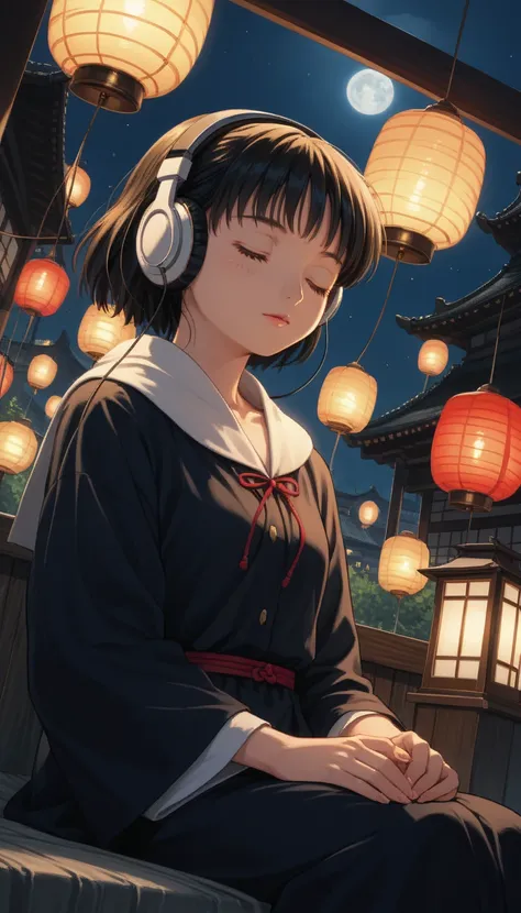 (( best quality )),(masterpiece)),( detailed),( actual ),80s Anime、Wide-angle shooting、 long-range shooting 、Ghibli style、Low-fi art style、Nostalgia、 night view of the city、 woman sitting listening to music、Girl with headphones ,Eyes closed、 beautiful shor...