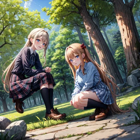 Chestnut Hair、 blue eyes、 with hair tied 、Two cute、 plaid miniskirt、 BLACK T-SHIRT、 Long Sleeve 、 dress、 striped high socks sprinkling water、Teeth are visible、lawn、The stone is cracked、Uneven ground、The road is curved、Large autumn tree、Mountain々、isolated i...