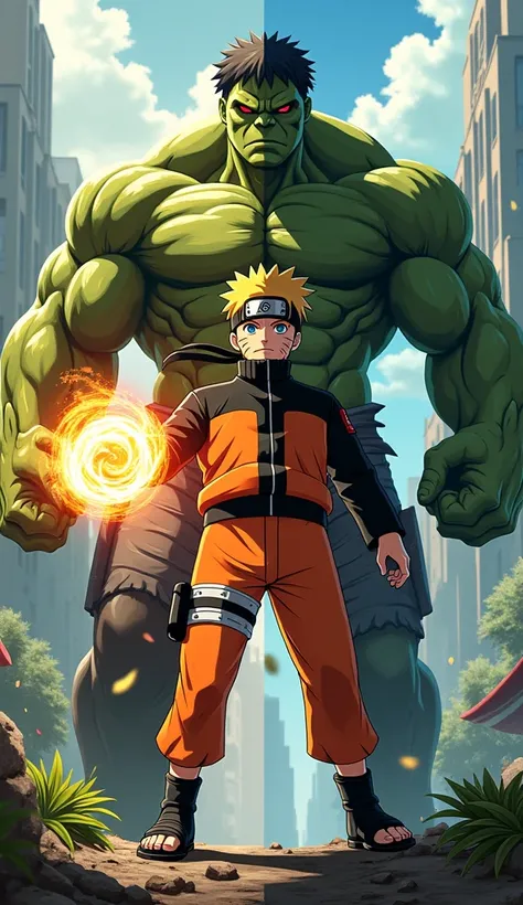 Here’s a modified description featuring Naruto and Hulk:

**"Create a digitally created image split vertically down the middle, featuring Naruto on the left and Hulk on the right. Naruto, in his orange and black ninja outfit with glowing Rasengan in hand, ...