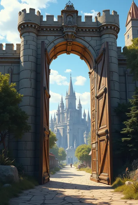  The picture shows a castle gate that is open on one side，Double sided gate ，City gates，The gateway to a western town，There are many magic spires in the back 