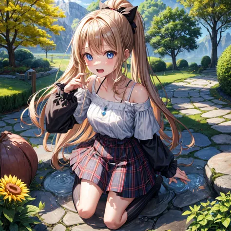 Chestnut Hair、 blue eyes、 with hair tied 、Two cute、 plaid miniskirt、 BLACK T-SHIRT、 Long Sleeve 、 dress、 striped high socks sprinkling water、Teeth are visible、lawn、The stone is cracked、Uneven ground、The road is curved、Large autumn tree、Mountain々、isolated i...