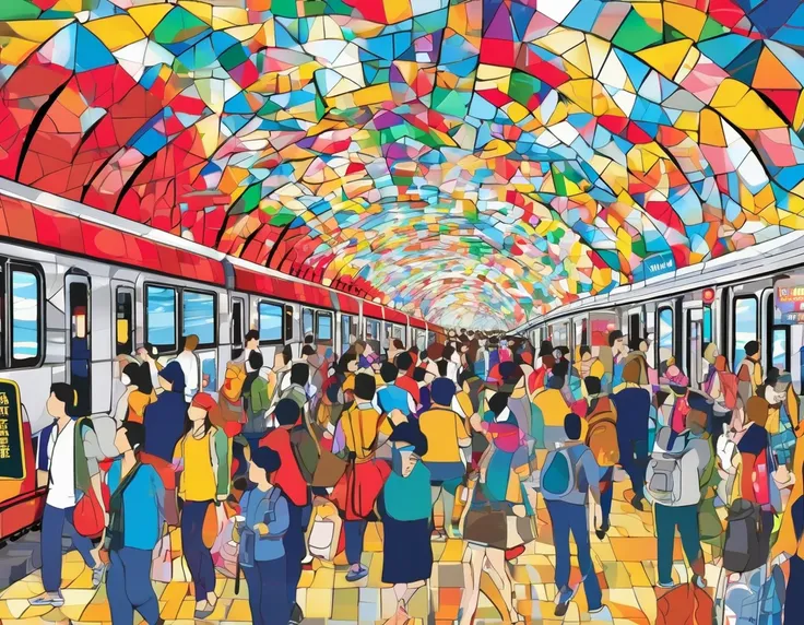 ((Mosaic Style)),  Crowded station,  fast moving trains , Many passengers, Large station area ,  flying ads ,  flashing lights ,  people in colorful clothes 々,  people who use smartphones